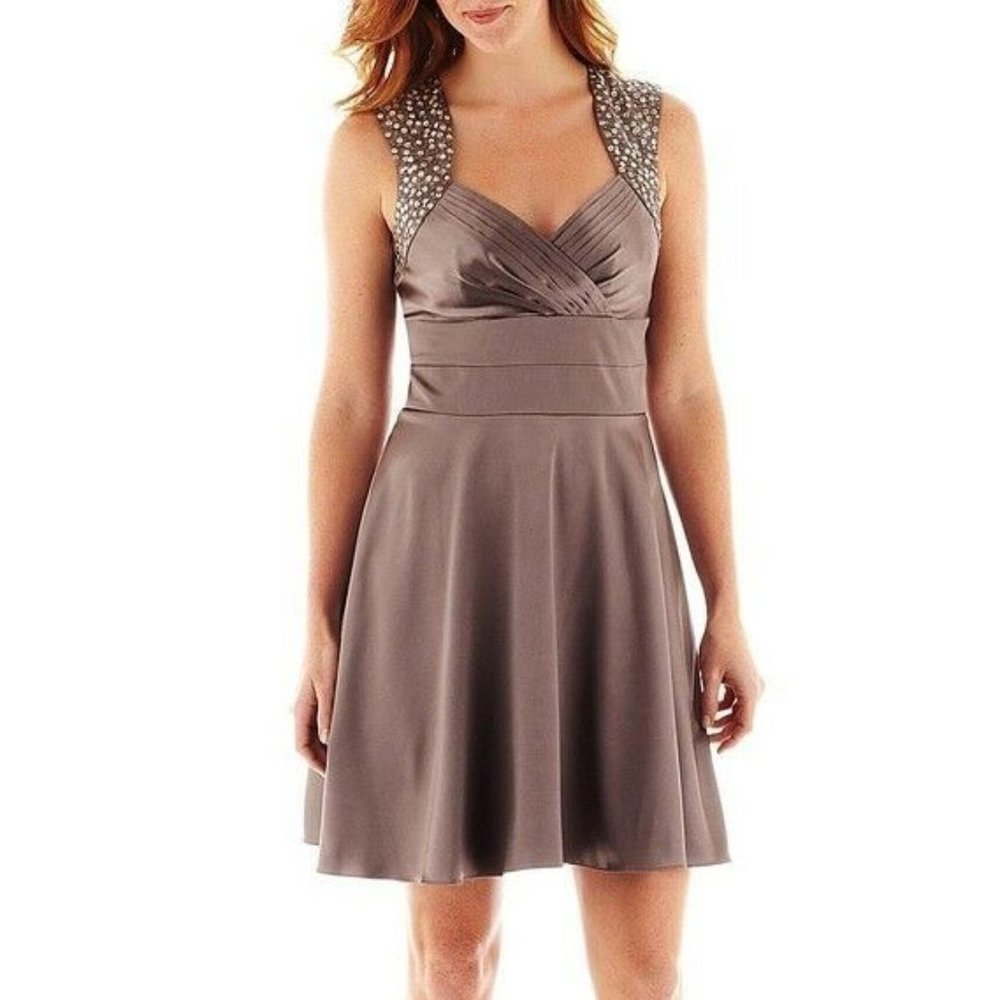 Robbie Bee Embellished Taupe Satin Dress New